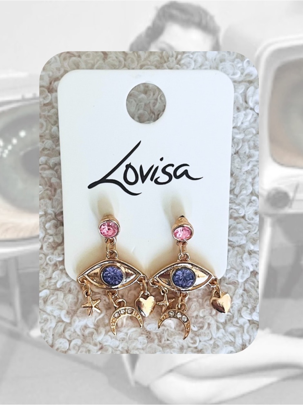 🎉🎉Lovisa Gold-tone Diamanté Celestial Evil Eye Drop Earrings Pink & Blue Stones